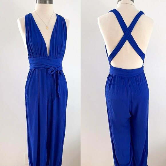 Lulus Lolinda Halter Convertible Jumpsuit Size Medium Blue Gauze - Picture 2 of 13
